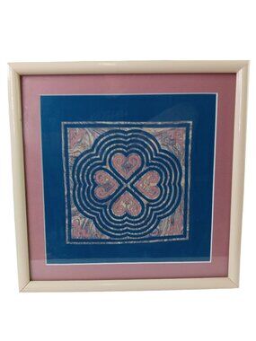 Framed Heart Textile Art Hmong Pandau Needle Design Flower Cloth Pink Blue